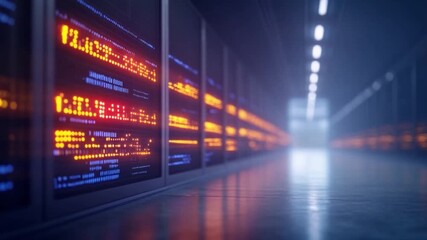 Data Center: Illustrating a state-of-the-art data center, a long corridor lined with server racks glows with digital activity, offering a glimpse into the backbone of digital operations. - Powered by Adobe