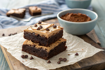 Stacked chocolate brownies with light frosting and chips on parchment, cocoa bowl and striped cloth generative ai