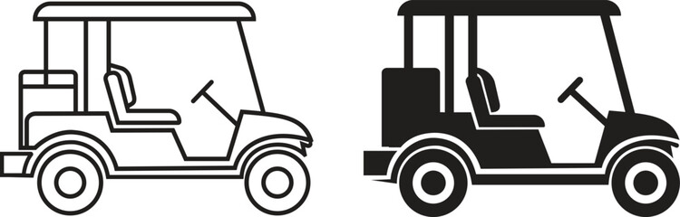 Two golf cart outline and silhouette styles icons set isolated on transparent background, electric transport vehicle collection, side view vector illustrations, isolated simple flat design.