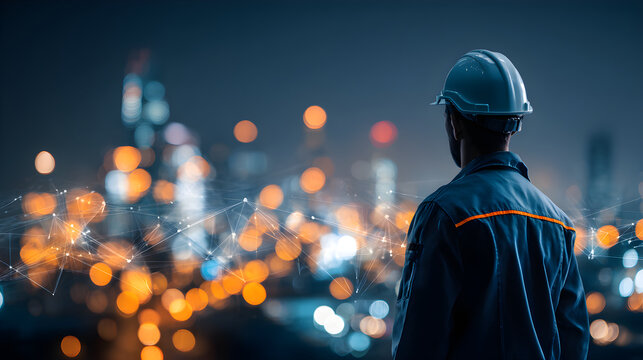 Engineer looking at connected smart city infrastructure network at night