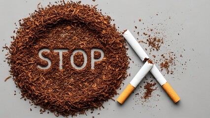 Anti-smoking concept with broken cigarettes and tobacco, stop smoking message