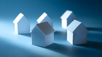 Obraz premium White paper houses gathering on blue background