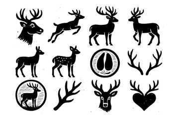 Silhouette deer collection with antlers and heart motifs in rustic style
