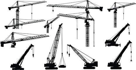 Construction Crane Silhouette Vector Set, Heavy Equipment, Tower Cranes, Mobile and Crawler Lifts, Industrial Machinery, Engineering, Lifting, and Building Site Illustrations Collection.