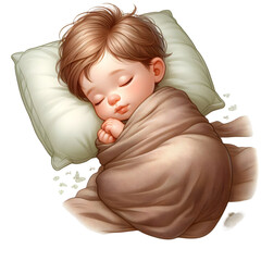 Sleeping child on cream pillow with brown blanket, Soft newborn-style digital illustration