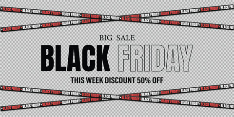 Black Friday ribbons. Crossed black ribbons and tapes with text on a transparent background. Black Friday big sale banner with text. Vector