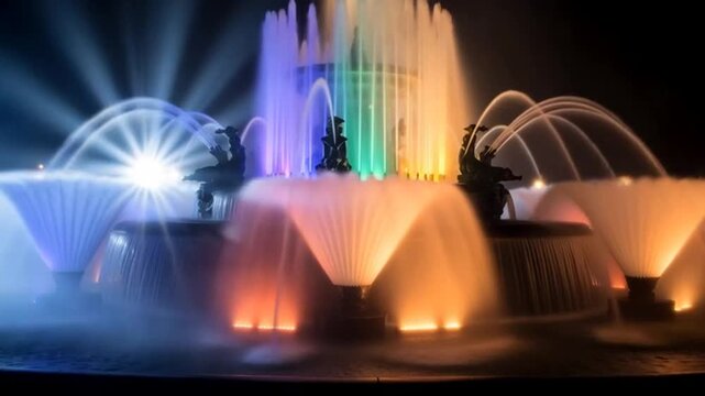 Spectacular Fountain Show with Colorful Lights at Night.