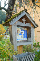 Traditional European Wayside Shrine Icon, Small Catholic Altar in Nature