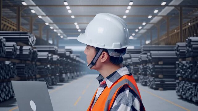 Close Up Side View Of Asian Male Engineer With Safety Helmet Working On A Laptop And Looking Around While Standing at Warehouse of Rolled Steel Metal Bars, Rods or Billets