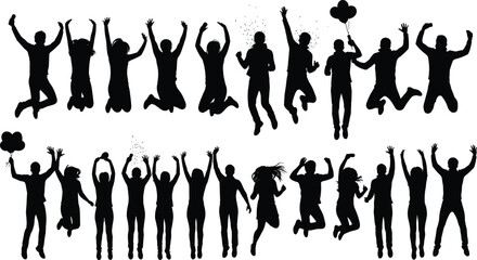 Group of Happy Jumping People Silhouette Vector Set, Celebrating Youth, Freedom, Success, and Excitement, Diverse Men and Women Cheering, Joy, and Party Graphic Collection.