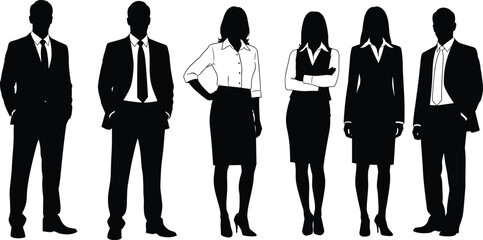 Professional business people silhouettes, men and women in formal office attire, black vector illustration design for corporate and teamwork concepts