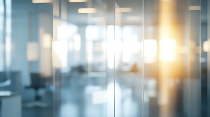 Fototapeta premium Abstract blurry office interior behind a glass wall during daytime with some sunlight coming through