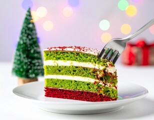 Festive Slice: A delectable slice of vibrant cake, adorned with layers of red and green, invites a forkful, offering a taste of holiday cheer beside a charming Christmas tree.