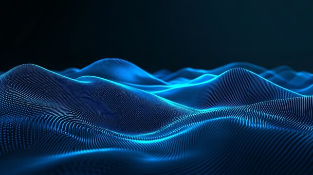 Abstract blue digital landscape with glowing dots, lines, and wave formations
