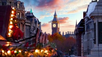 Beautiful sunset view of the Big Ben Clocktower in London, England, with the fairy lights from the Trafalgar Square Christmas market in front - Powered by Adobe