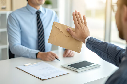 Anti-corruption image with business professionals at desk, one rejecting envelope in ethical gesture generative ai