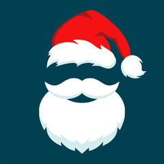 Santa Claus vector face, beard and red hat, Christmas greeting card