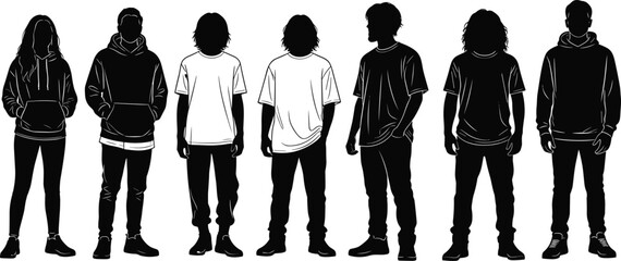 Silhouette vector illustration of modern people wearing hoodies and casual outfits, streetwear fashion design, urban youth lifestyle concept