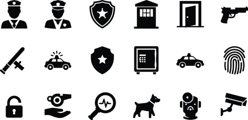 Police and Security Service Vector Icon Set, Law Enforcement, Protection, Officer, Guard, Crime Prevention, Safety Equipment, Fingerprint, and Surveillance Technology Black Glyphs. © VectoBloom