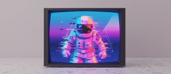 Retro crt television showing a pixelated astronaut with vibrant vaporwave hues, glitchy static and digital distortion evoking 80s90s sci fi nostalgia and lost signal interference