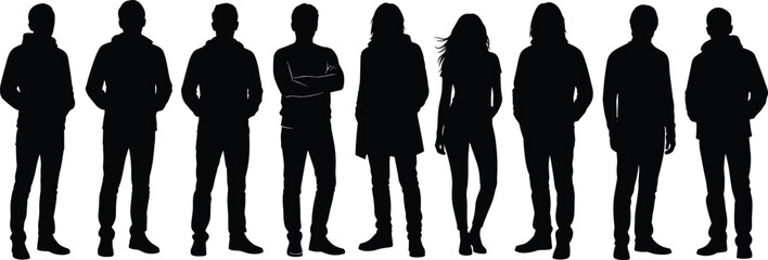 Silhouette vector illustration of people standing in casual urban outfits, modern fashion style, streetwear concept, black shadow design