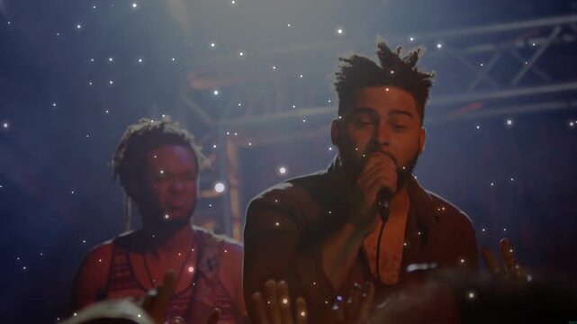 Lead vocalist raising mic and singing in music club, particles drifting across frame engaging crowd