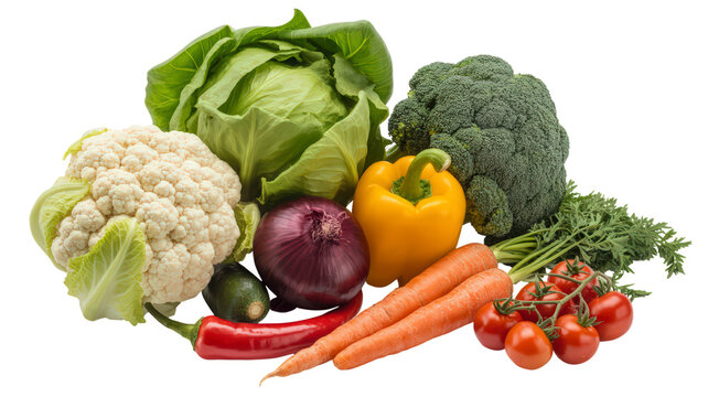 Abundance of Fresh Vegetables Featuring Cauliflower Cabbage Broccoli Bell Pepper Onion Carrots Chili Peppers and Cherry Tomatoes for Culinary Creations Isolated - Powered by Adobe