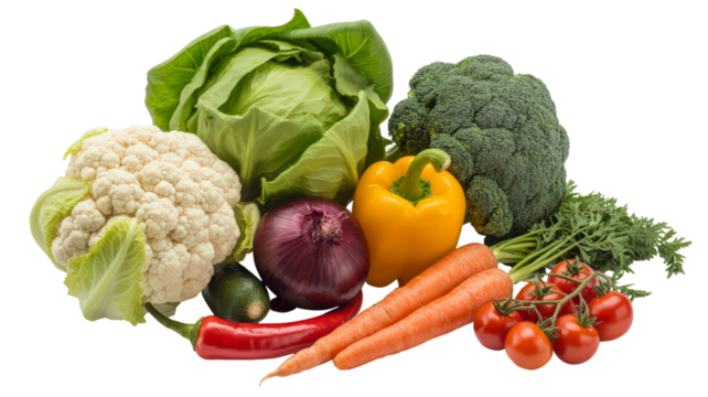 Abundance of Fresh Vegetables Featuring Cauliflower Cabbage Broccoli Bell Pepper Onion Carrots Chili Peppers and Cherry Tomatoes for Culinary Creations Isolated