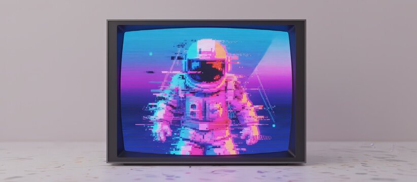 Retro crt television showing a pixelated astronaut with vibrant vaporwave hues, glitchy static and digital distortion evoking 80s90s sci fi nostalgia and lost signal interference