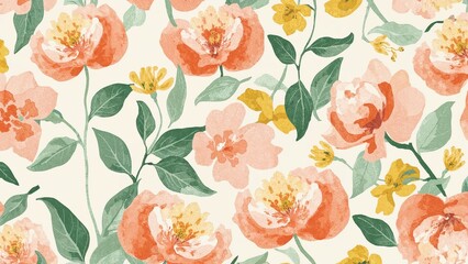 Floral pattern with peach and yellow flowers and green leaves, vintage style, reminiscent of 1969.