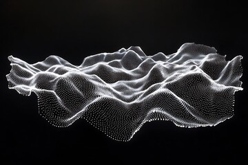 Abstract digital landscape with undulating white particle waves flowing across a dark background
