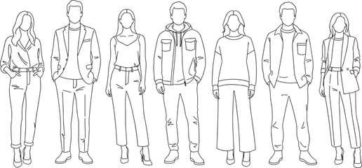 Stylish young people line art illustration, men and women fashion outfit drawing, minimal vector design, modern trendy clothing sketch