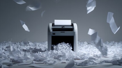 Office machine processes paper documents amidst a chaotic mess of shredded material