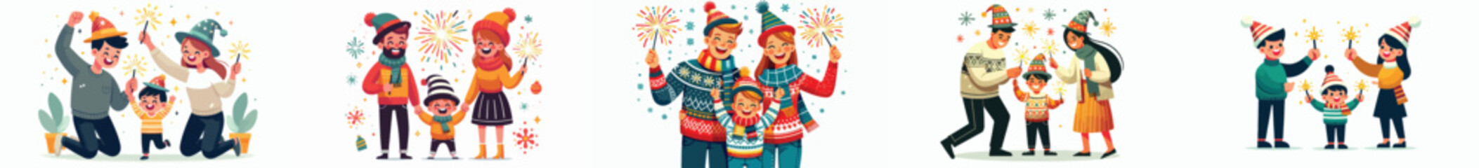 vector family playing fireworks new year celebration