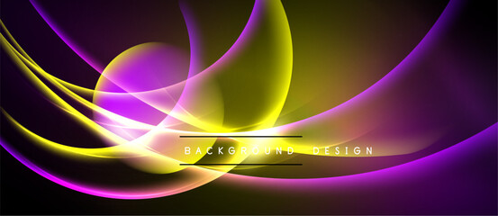 Abstract flowing lines, vibrant purple, yellow hues. Dynamic curves create modern background design. Smooth gradients, elegant composition.