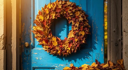Autumn Wreath on Blue Door for Seasonal Promotions