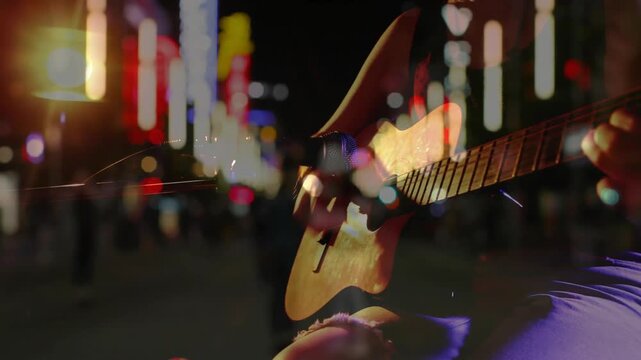 Crossfading revealing seated female music busker playing guitar for passersby blending neon lights