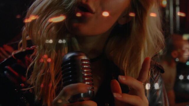 Female singer moving mic and smiling, starting singing, bokeh drifting, guitarist playing music