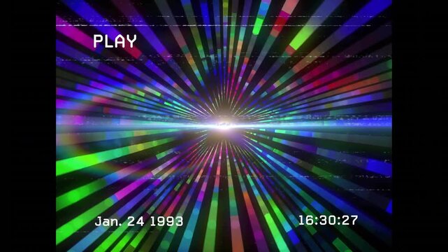 PLAY overlay initiating tape playback, center flare pulsing, beams shimmering, timestamp advancing