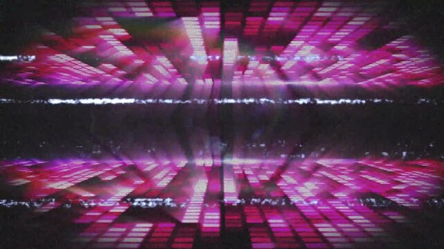 Magenta EQ grid being animated by center pulse, emitting rays, sweeping glitch bands to mimic CRT