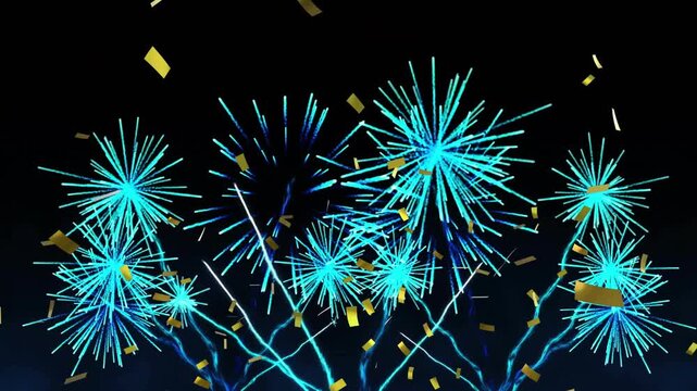launching from horizon, cyan shell rising, exploding and filling frame while gold confetti drifting