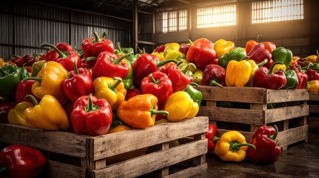 Heap of fresh peppers overflowing wooden crates in a barn - Powered by Adobe