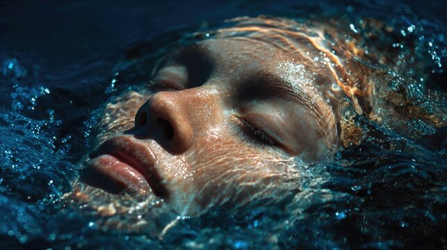 Dreamlike Portrait of a Woman Immersed in Deep Blue Water