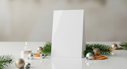Blank greeting card surrounded by holiday decorations on tabletop  