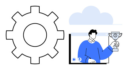 Obraz premium Gear icon with cloud background and a man holding a trophy in a digital interface, symbolizing teamwork, innovation, goal achievement, leadership, technology, success, and digital solutions. Ideal