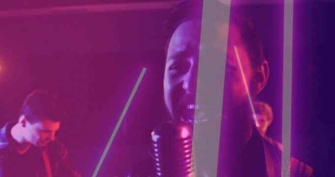Camera moving closer, singer stepping to vintage mic and singing, neon bars streaking for music ads