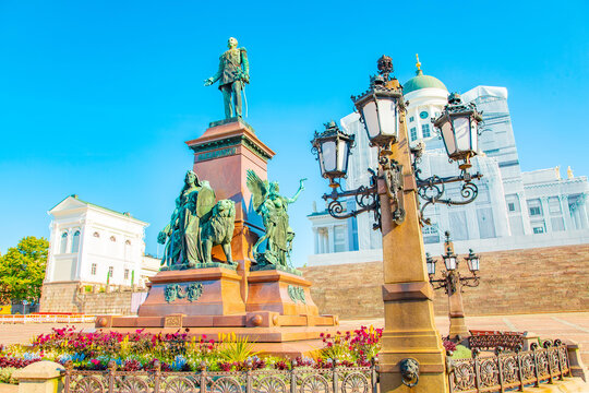Scenic view of Helsinki Senate Square with Cathedral and statue of Emperor Alexander II