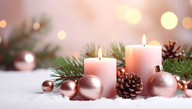 christmas decoration with candle. First 2nd Advent candle for Christmas.  