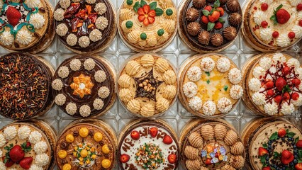 An assortment of decorated cupcakes and cookies with colorful toppings and festive designs displayed in clear containers.