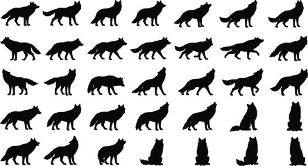 Set of Wild Wolf and Dog Animal Silhouettes Vector Icon Collection Howling Running Standing Sitting Wildlife Predator Pack Nature Graphic Design Elements.